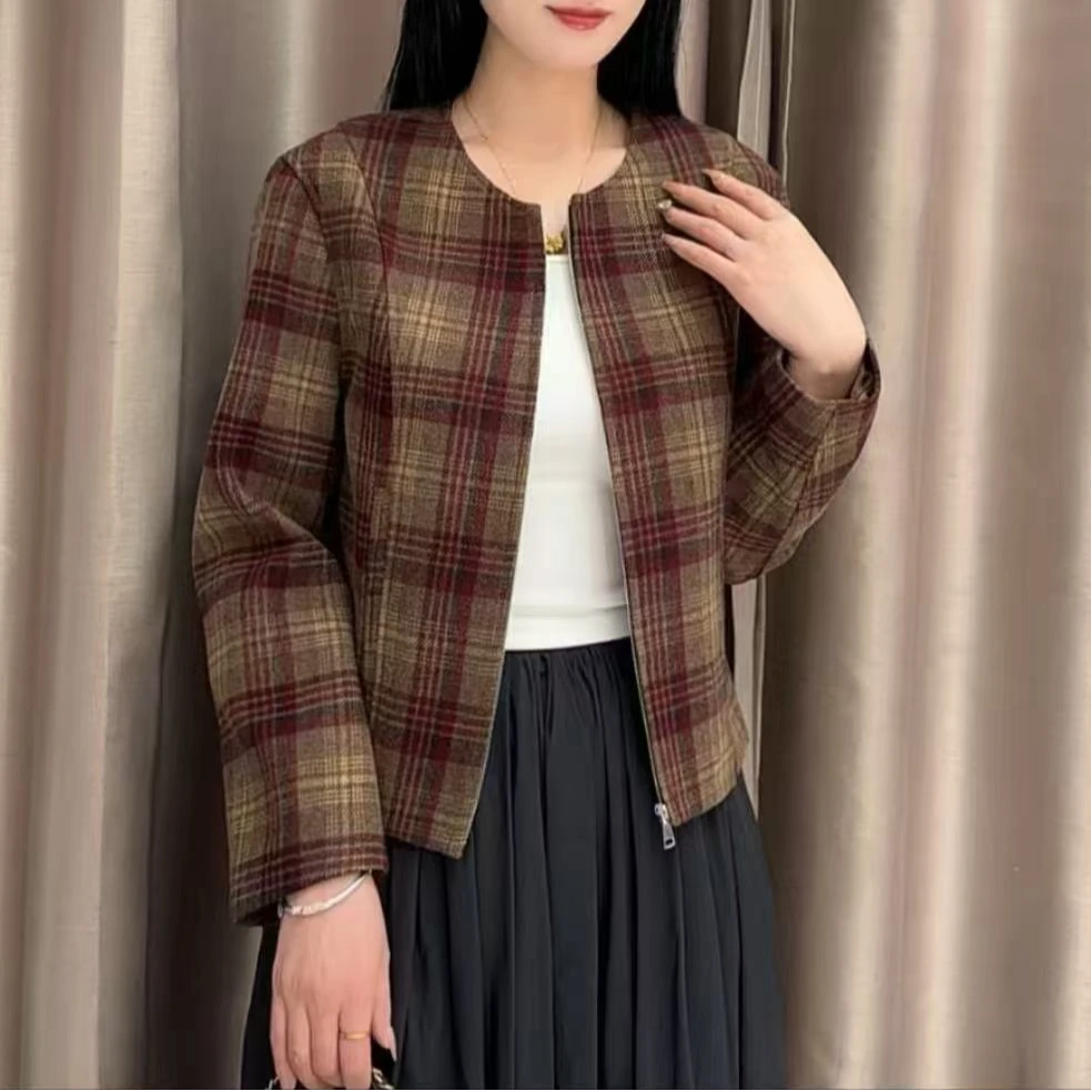 小香风短外套女复古格子上衣2025春款高级感洋气茧型夹克24-38