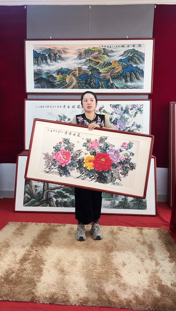 国画手绘牡丹123*63尺寸