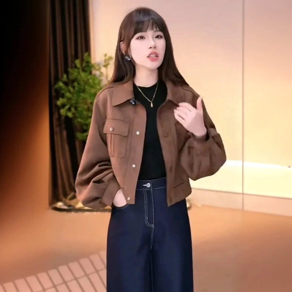 小个子短款宽松翻领麂皮绒外套女春秋新款时尚百搭休闲夹克上衣潮