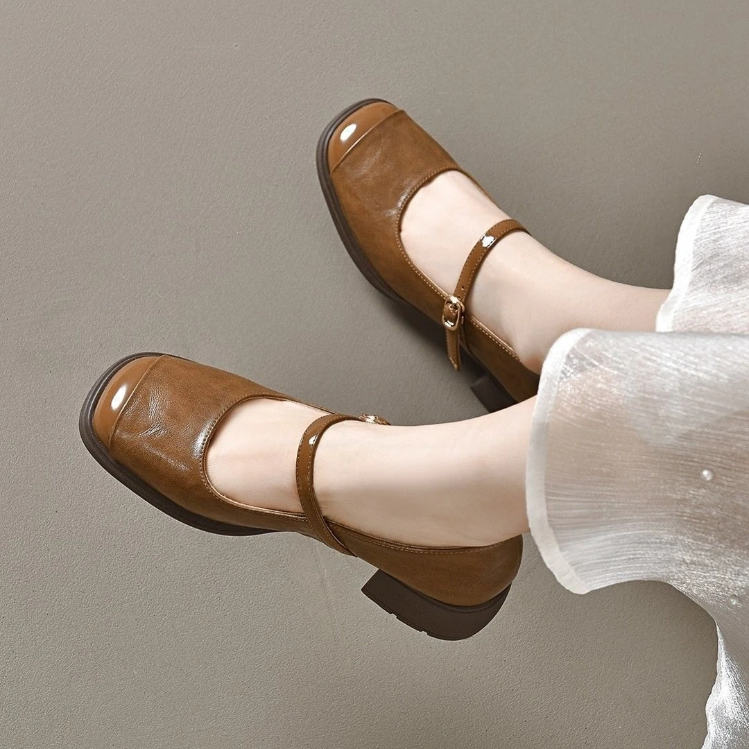 春夏方头仙女风法式粗跟浅口防滑单鞋平底中跟玛丽珍鞋复古春季