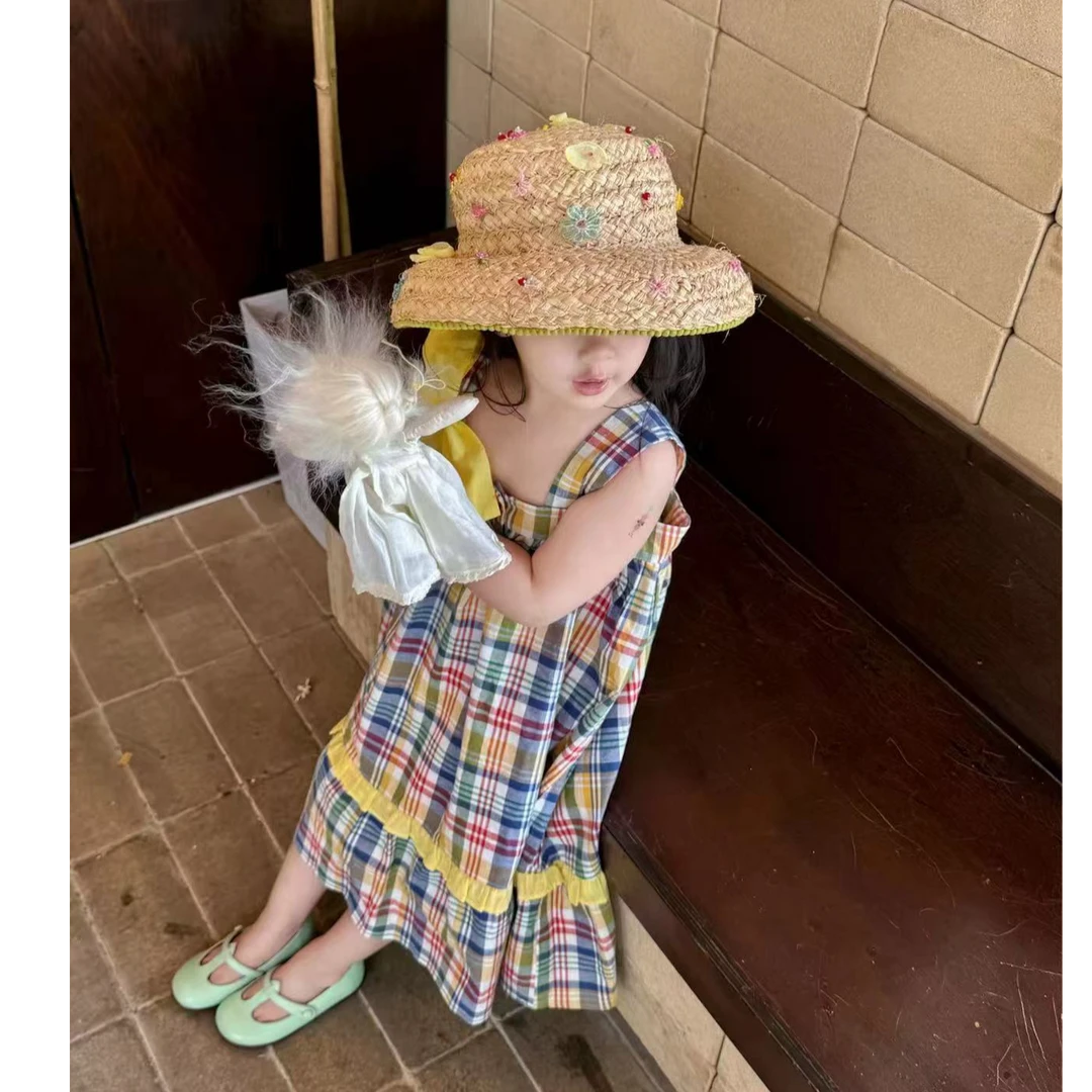 小惜亦女童2025夏季新款韩版度假风彩色格子吊带裙小女孩连衣裙