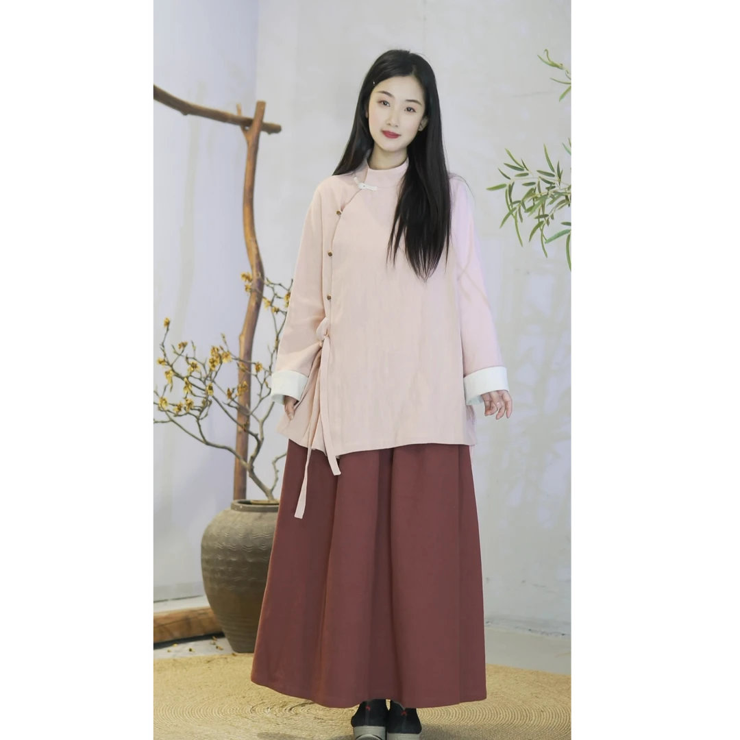 【素白】春款棉麻斜襟系带翻袖上衣