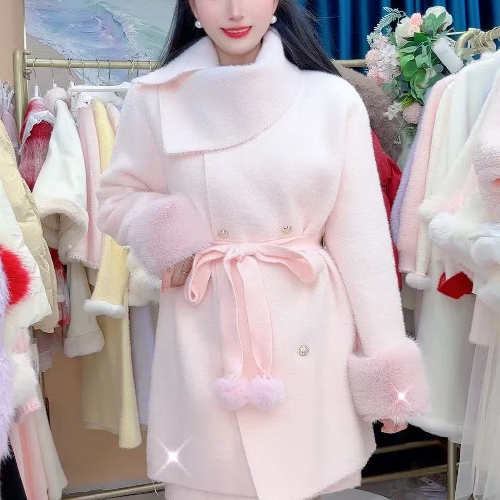 2025气质名媛风小香风大衣冬季新款翻领设计收腰毛袖毛呢保暖套装