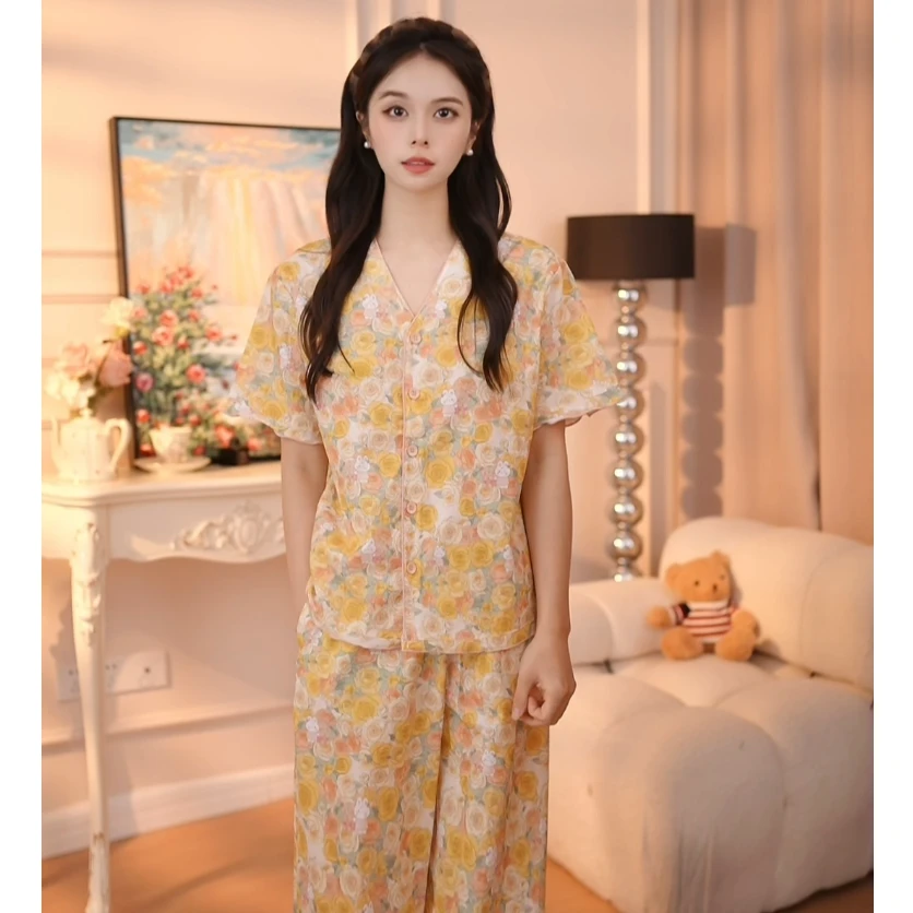 【黄玫瑰】睡衣短袖套装睡衣春夏款透气休闲家居服夏季薄款棉