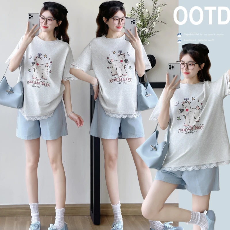 2025夏季新款孕妇装圆领T恤宽松外穿透气休闲百搭短袖上衣蕾丝边