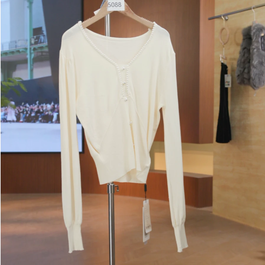 5088杏 气质长袖针织衫时尚显瘦休闲百搭