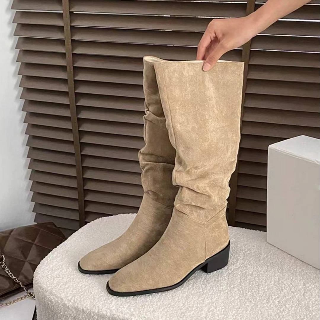 【LS】褶皱绒面复古堆堆靴西部牛仔长筒靴