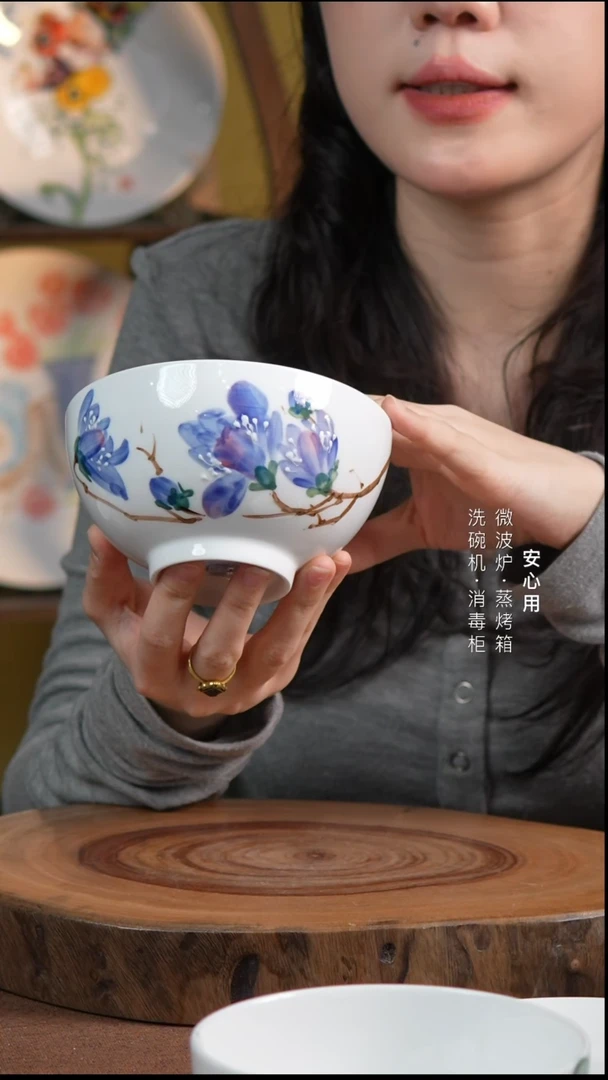 瓷景德镇高温手绘釉下彩5英寸奥碗玉兰花