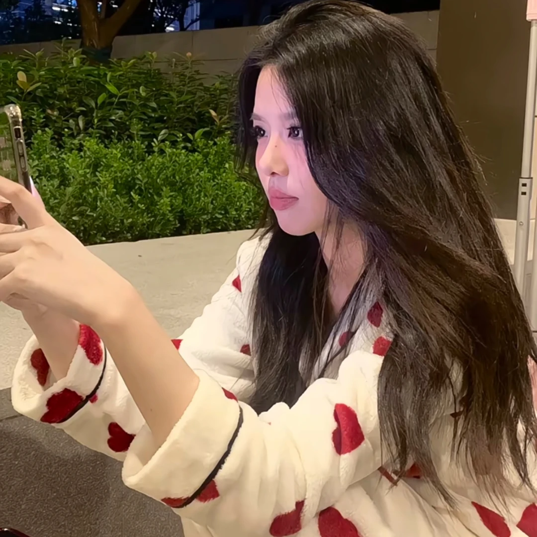 【双字刺绣暖舒绒红白爱心】维家同款睡衣女加厚加绒冬季保暖家居服
