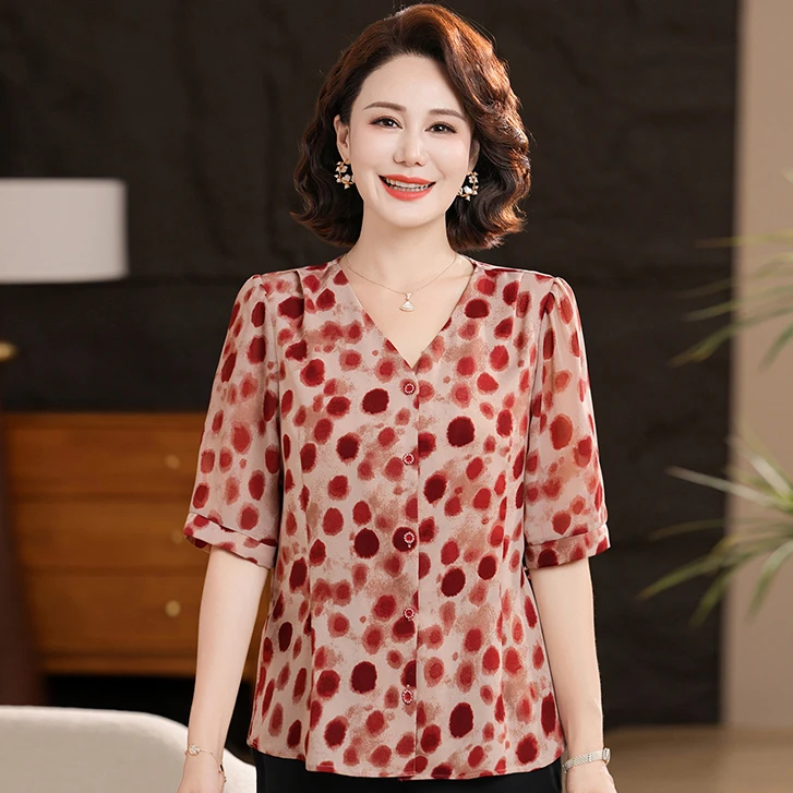 中老年女装妈妈装新中式提花小衫宽松印花时尚显瘦