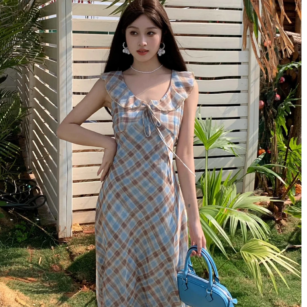 霍文萨列2025夏季新款黑白格子连衣裙女夏法式复古无袖系带荷叶边