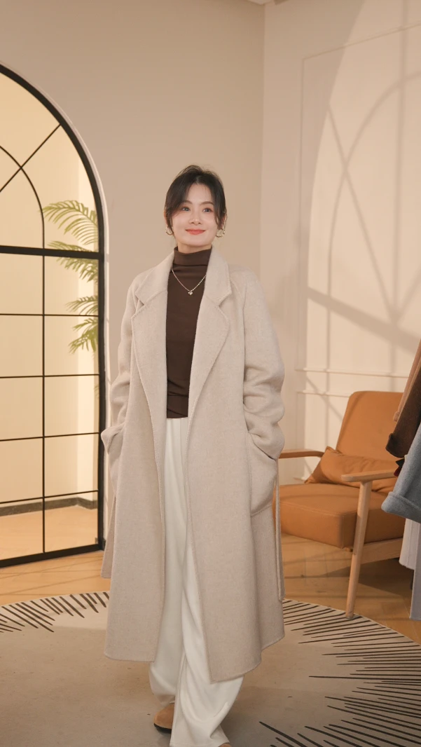 麦子家【稻田里的粉大衣】高奢骆驼绒真丝大衣
