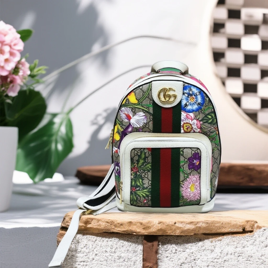 95新 GUCCI/古驰  花卉白色双肩包 1862 3106
