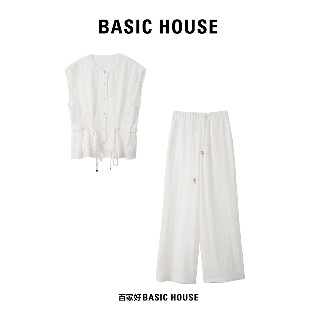 Basic House/百家好2025夏季新款绑带单排扣设计师系带套装B072HJ