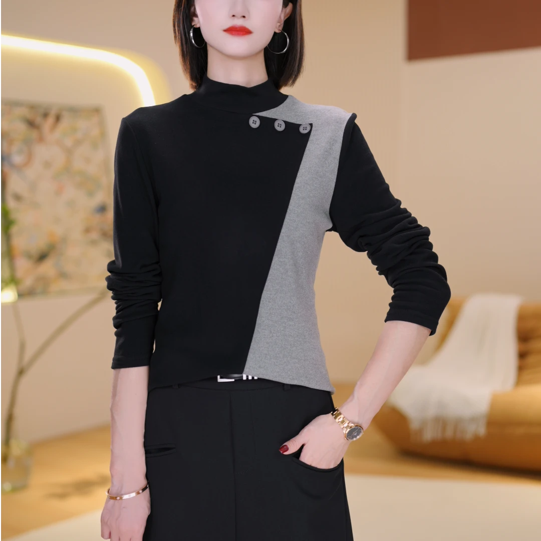 2025半高领气质设计感撞色减龄上衣女秋装爆款打底衫7589