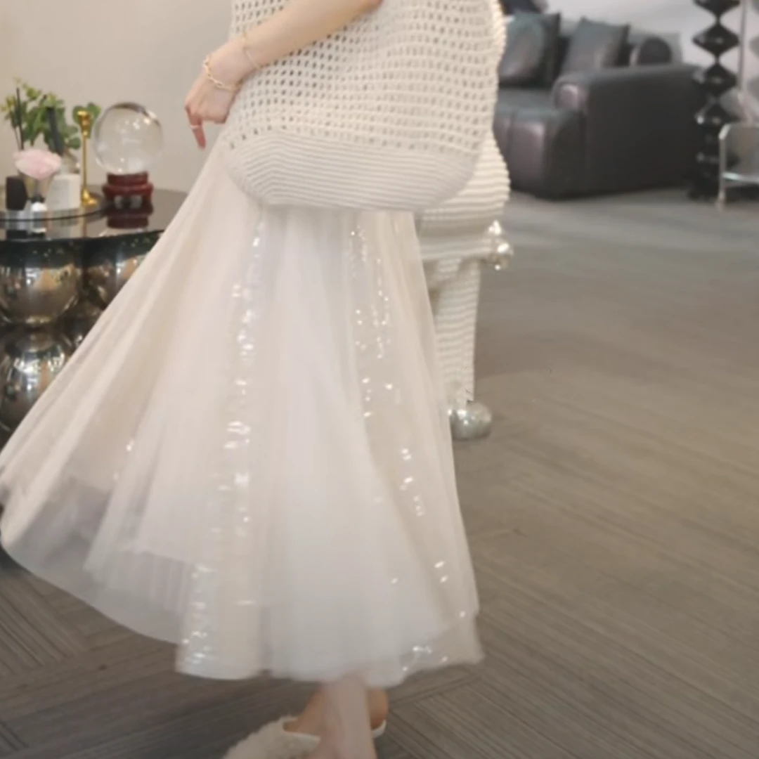 亮片重工网纱半身裙女2025新款春夏时尚设计感休闲气质中长款纱裙