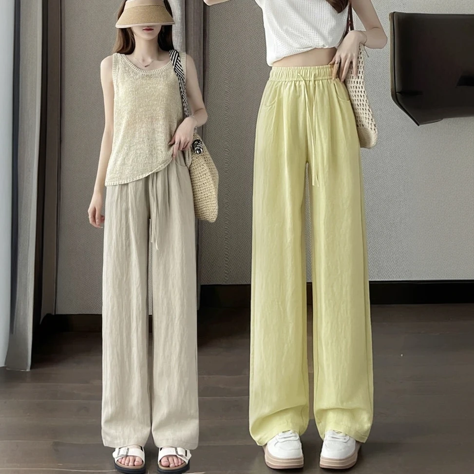 莱赛尔天丝亚麻窄版直筒阔腿裤女长裤夏季薄款高腰垂感棉麻休闲裤