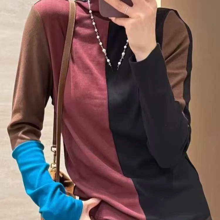 668-1205/25698  欧货修身显瘦撞色拼接打底T恤