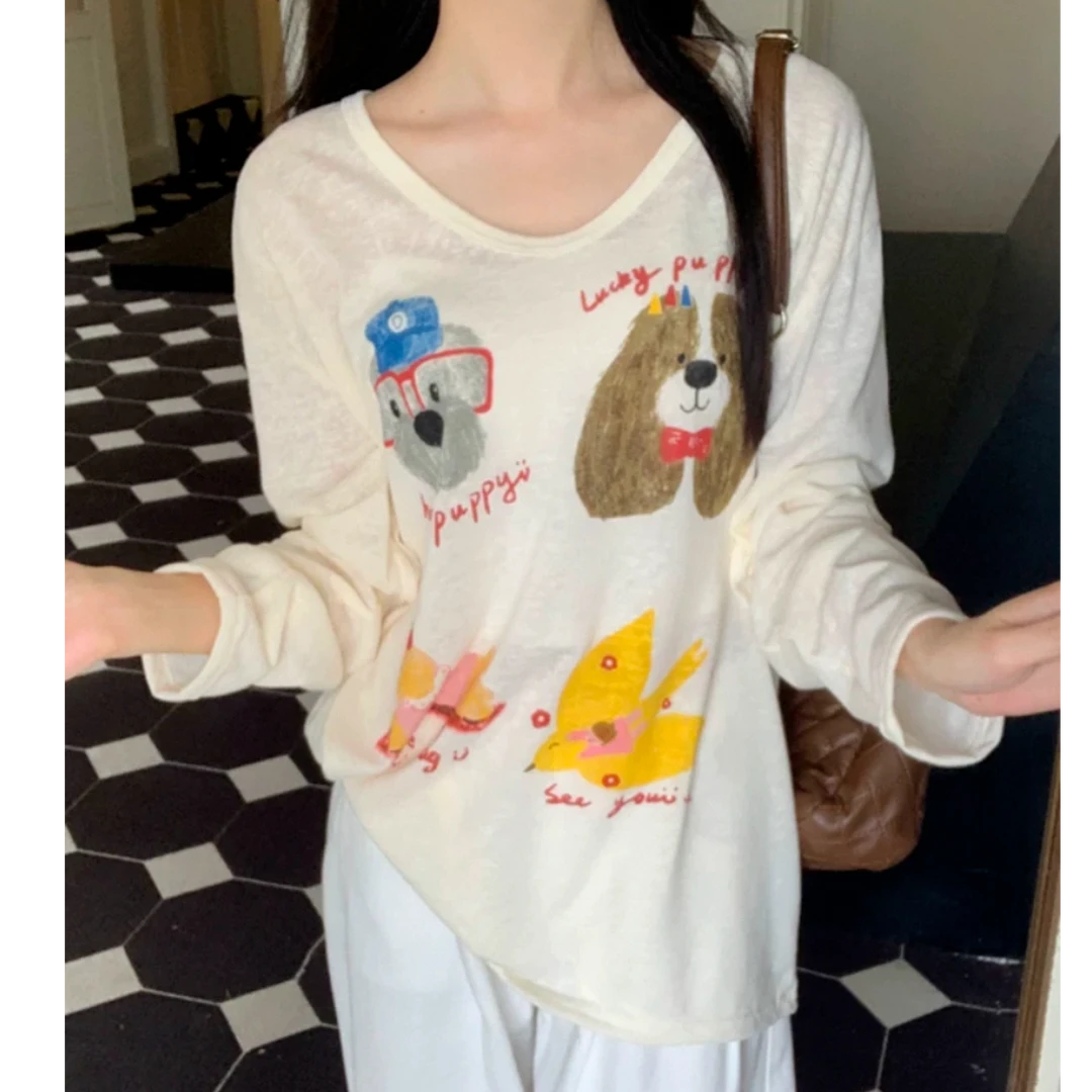 字母动物印花T恤2025新款长袖可爱时尚休闲ins学院风卡通防晒罩衫