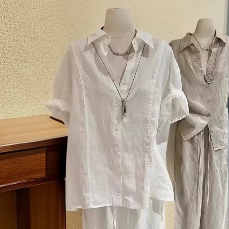 夏季2-300斤超大码韩式慵懒风衬衣男女薄款洋气亚麻短袖翻领衬衫