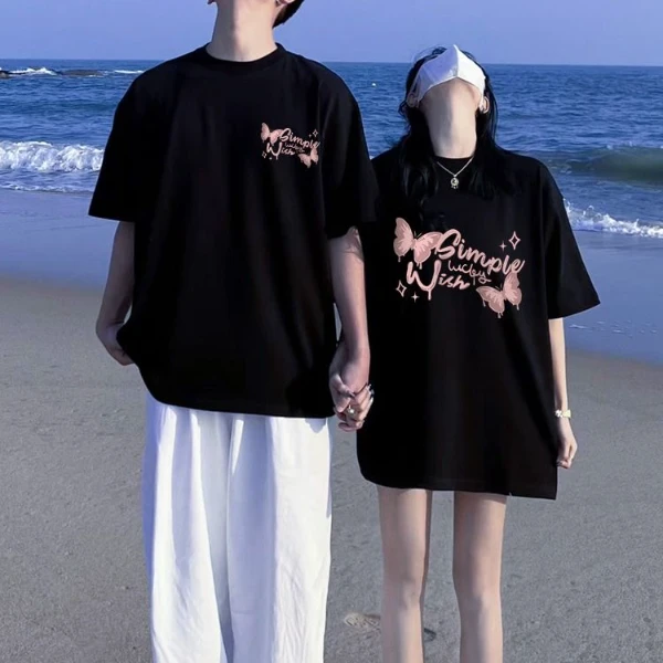 情侣装夏天款一男一女情侣短袖t恤2025新款爆款宽松纯棉T恤高级感