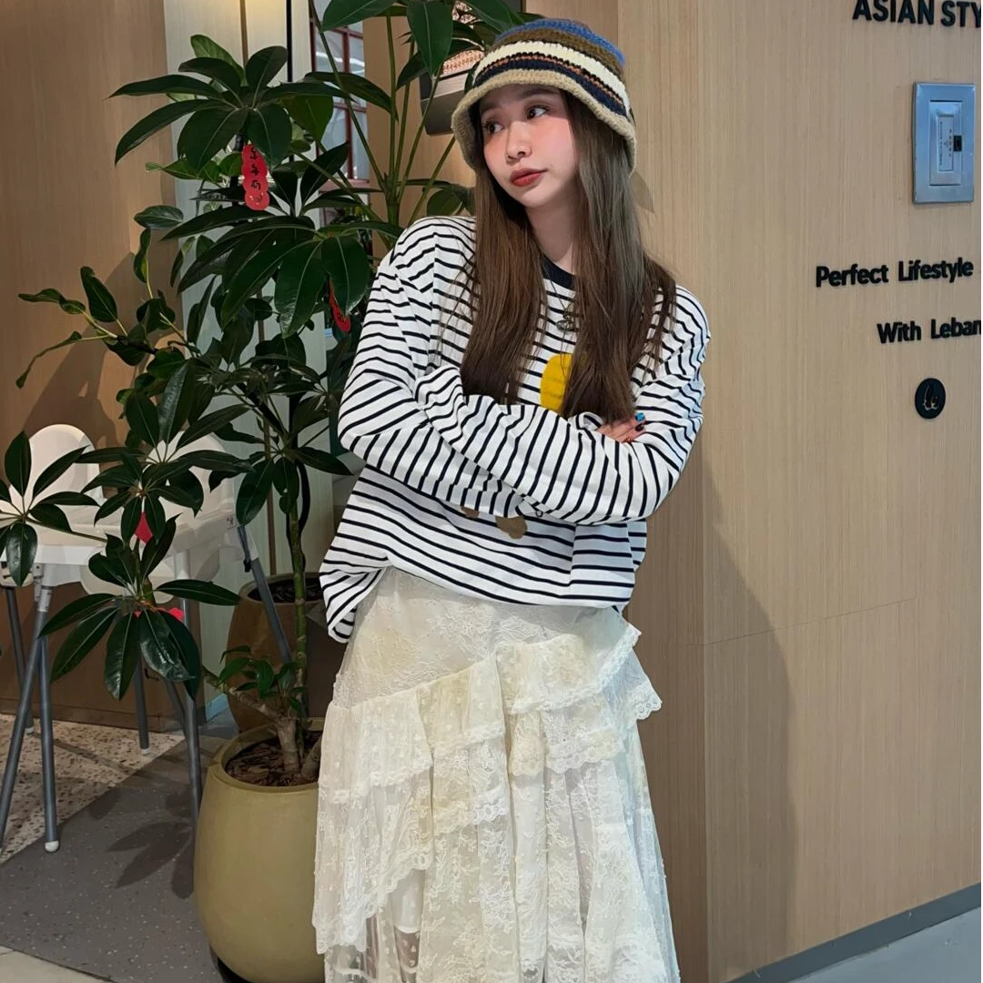 W298印花常规可爱风百搭休闲显瘦秋春季圆领条纹长袖T恤298