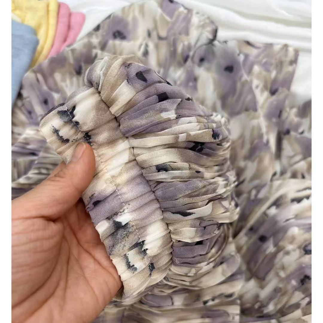 高腰显瘦过膝A字紫色长裙碎花仙女半身裙气质百褶中长款裙子春夏
