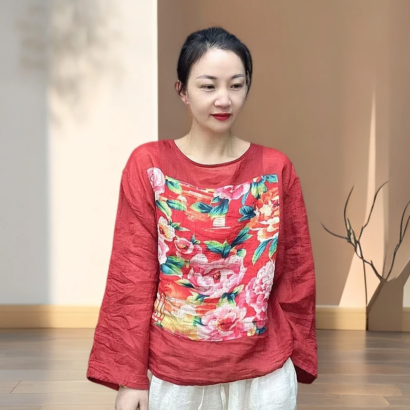 素陌  2025早春新款原创设计苎麻贴布圆领小衫宽松休闲舒适百搭