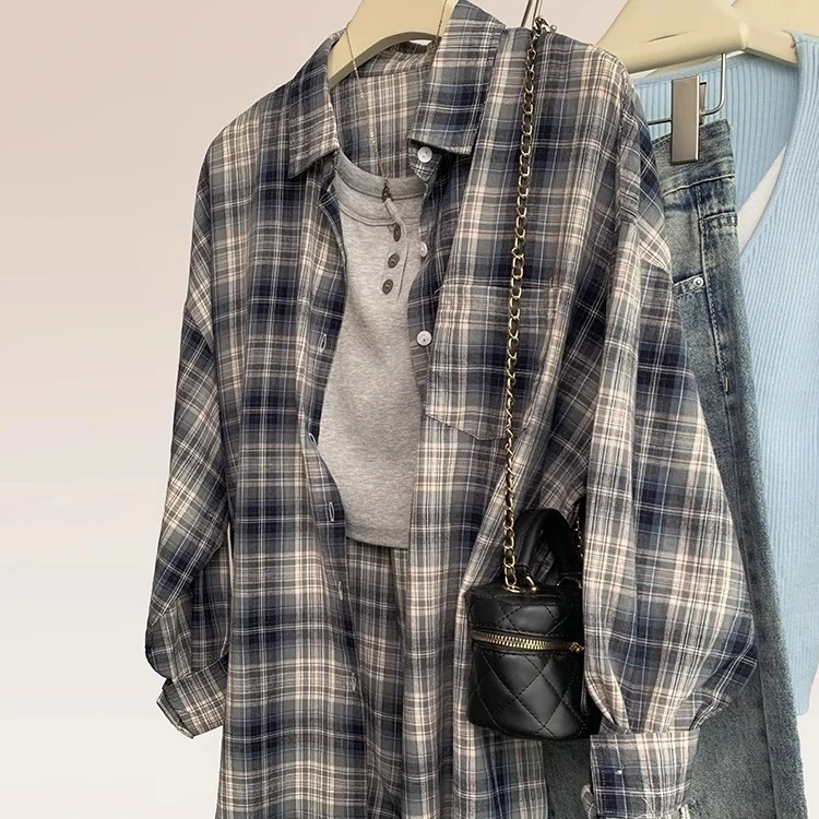 【一手货源档口店】蓝色复古港风格子衬衫外套女长袖小众百搭上衣