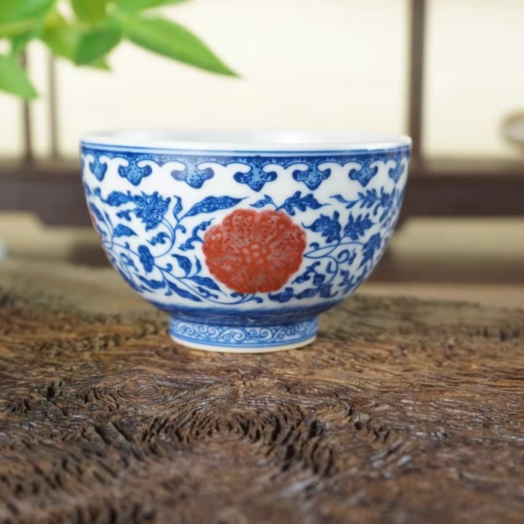 臻玉古坊青花原矿釉里红主人杯纯手工手绘带内绘景德镇点工高温