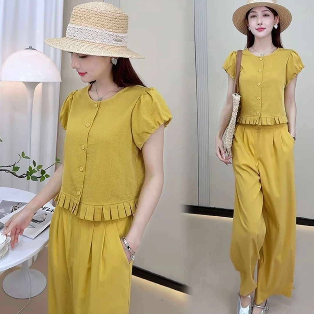 夏季时尚小个子穿搭套装女网红洋气设计感短上衣显高阔腿裤两件套