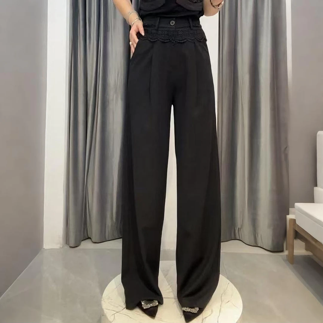 【依尚精选】欧货现货高腰春夏休闲阔腿拖地钩花显瘦西装宽松女装