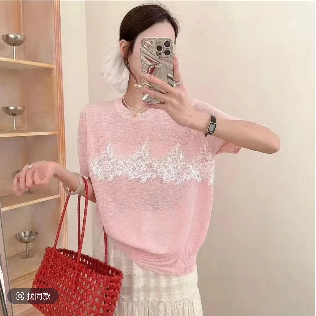 QL-2388夏季新款女减龄针织冰丝宽松百搭T恤