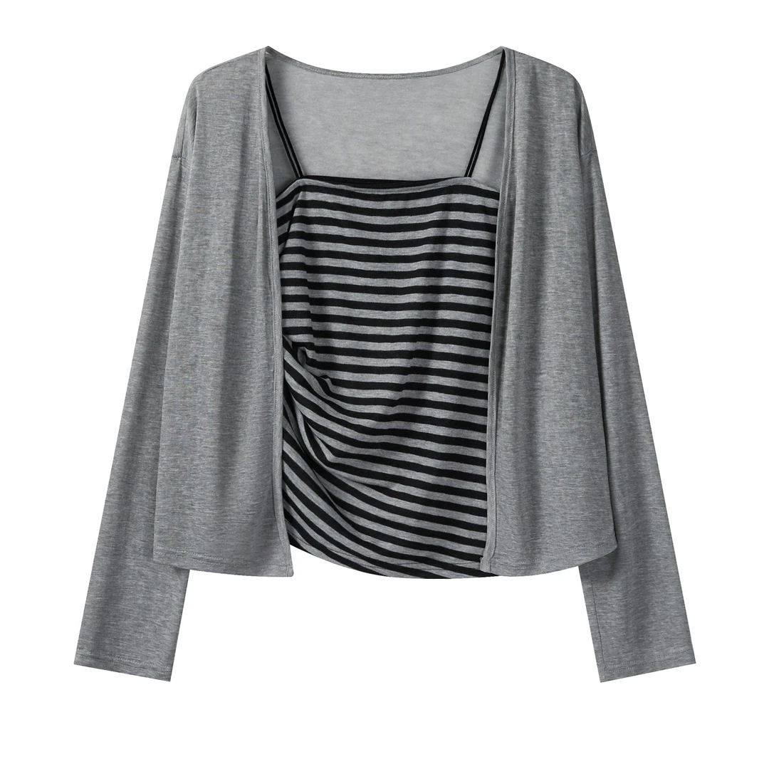 羊城故事-灰色条纹修身吊带通勤开衫套装新款轻薄出游服装女1701