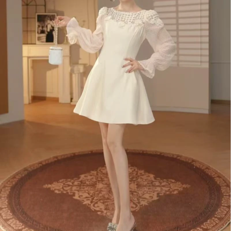 2025秋冬新品长袖修身常规纯色连衣裙收腰显瘦裙子秋季名媛45331