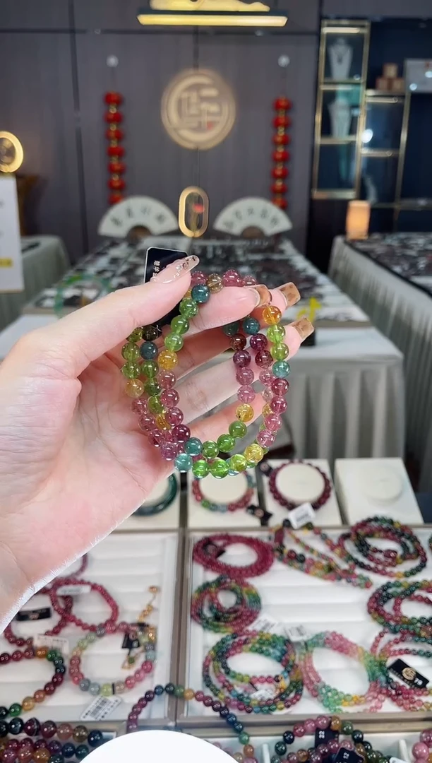 未镶嵌老矿碧玺色标彩虹三圈手串7mm+碧玺dan多样性发货一条