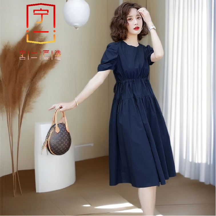 【宁一女装】时尚洋气显瘦高档连衣裙新款休闲夏季纯棉圆领气质短袖