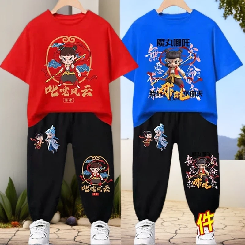 男童哪吒敖丙夏季纯棉运动套装2025新款儿童款夏装防蚊裤短袖T恤~