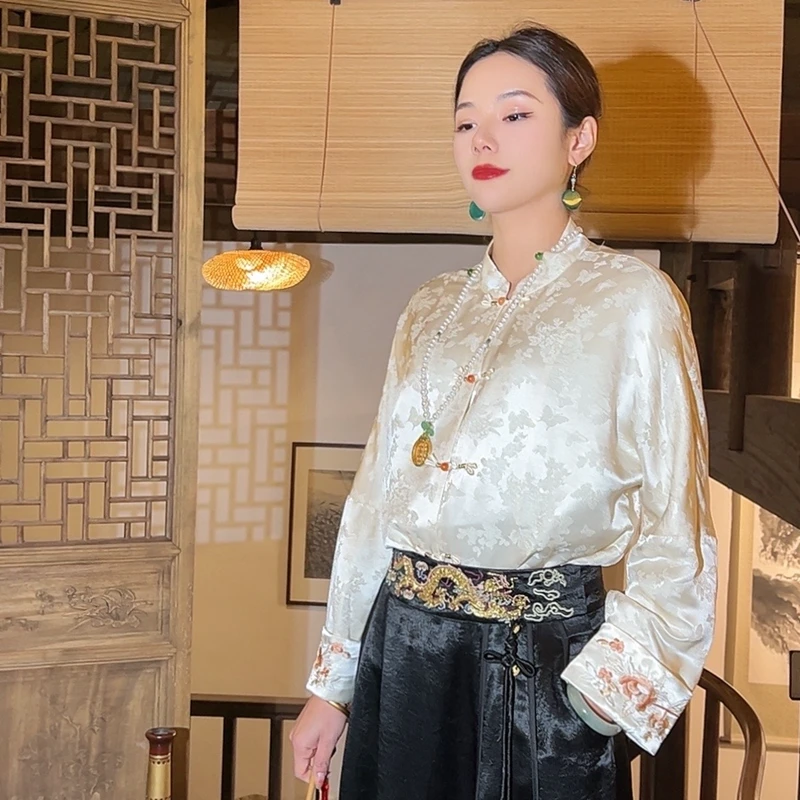 【羽禾】锦莨香云纱新国风桑蚕丝刺绣上衣对襟款复古提花长袖