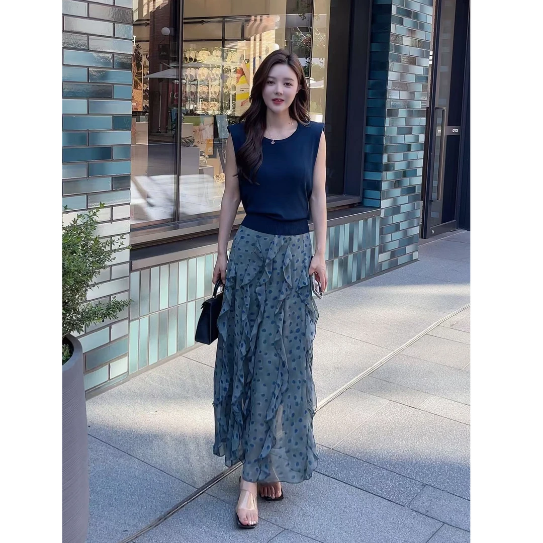 【梦婷家】复古度假风波点休闲风高腰显瘦垂感半身裙-250222