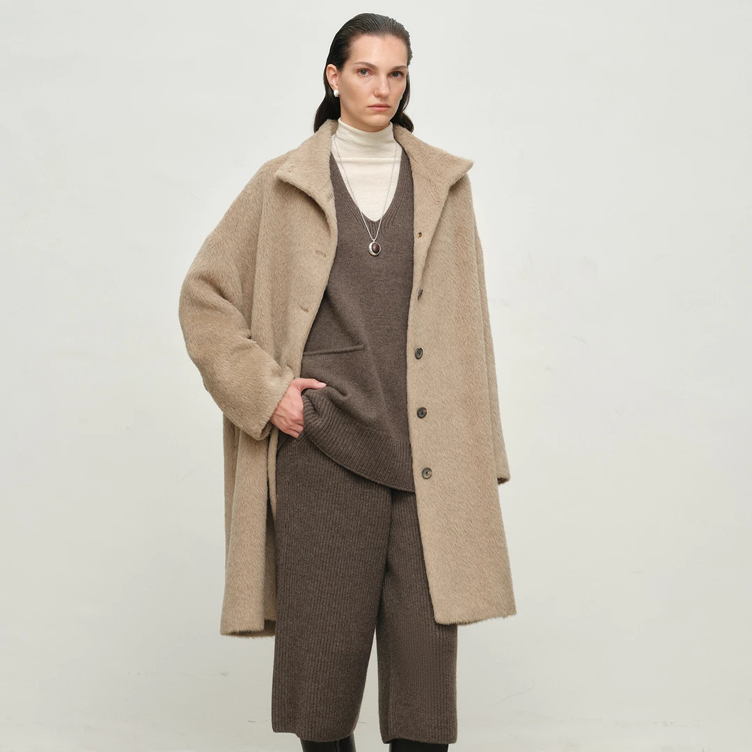 MARIUS"考拉大衣"长毛A版立领针织感单排扣大衣