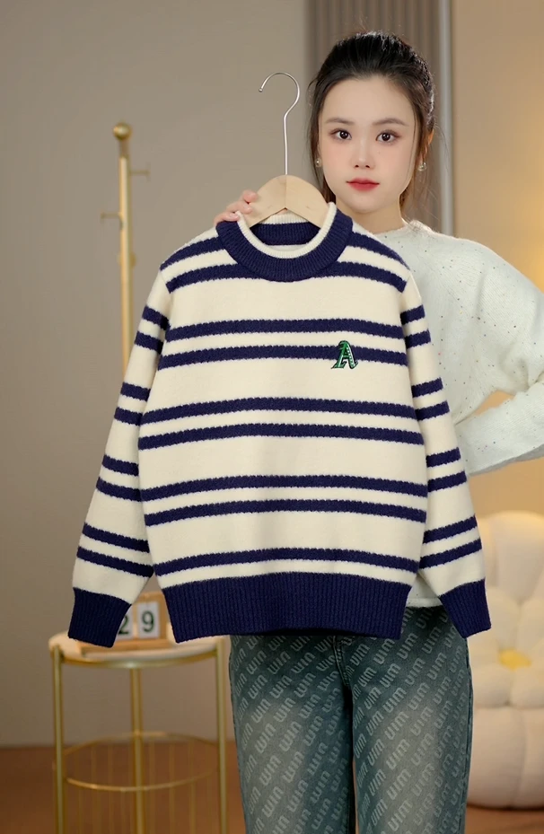 2025春秋男童中大童新款针织毛衣时尚洋气加厚条纹百搭潮流款