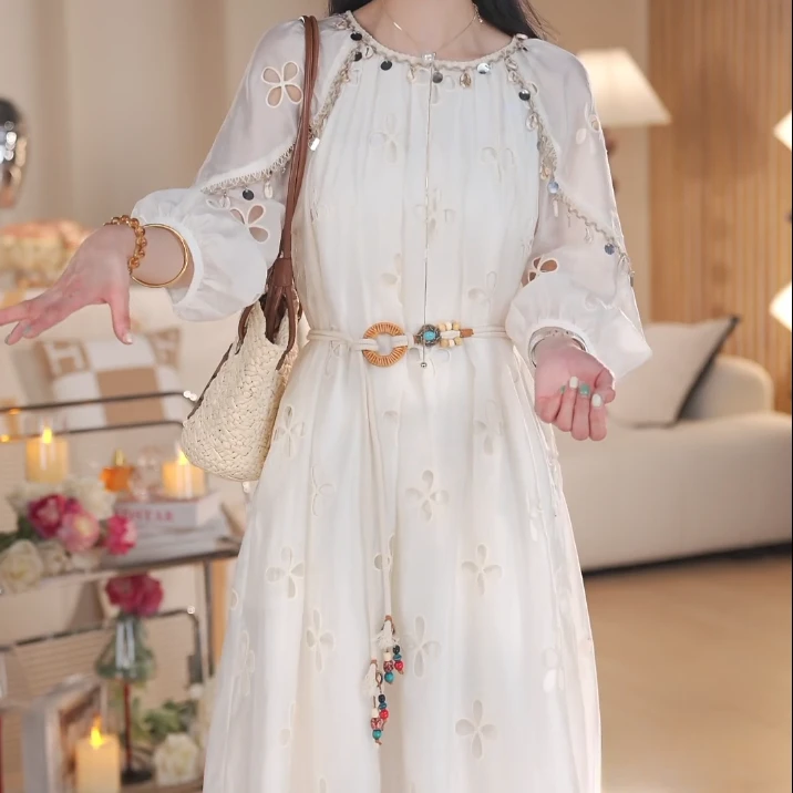 送腰带【夏威夷】2025新款春夏复古简约高级感珠片刺绣蕾丝连衣裙