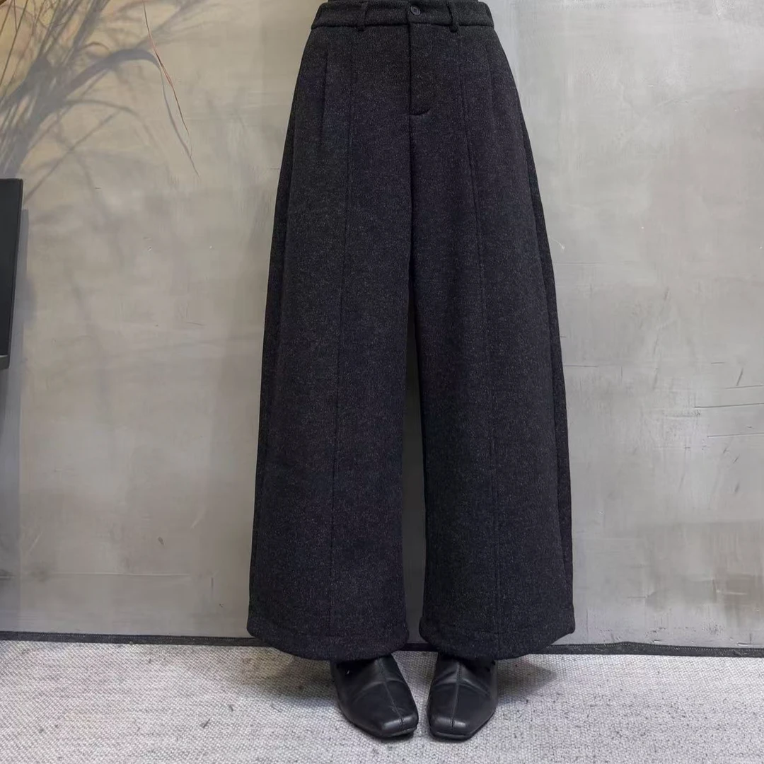 8556#时尚慵懒风加绒休闲裤女秋冬新款高腰加厚直筒阔腿裤九分裤