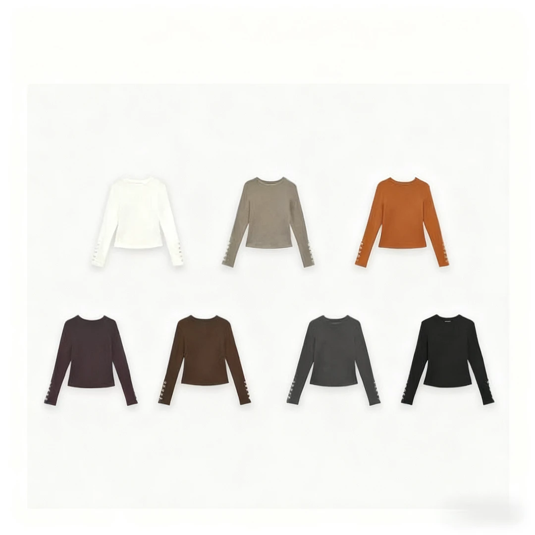 圆领袖口纽扣INS风长袖有弹力薄绒T恤宽修身韩版百搭显瘦时尚9193