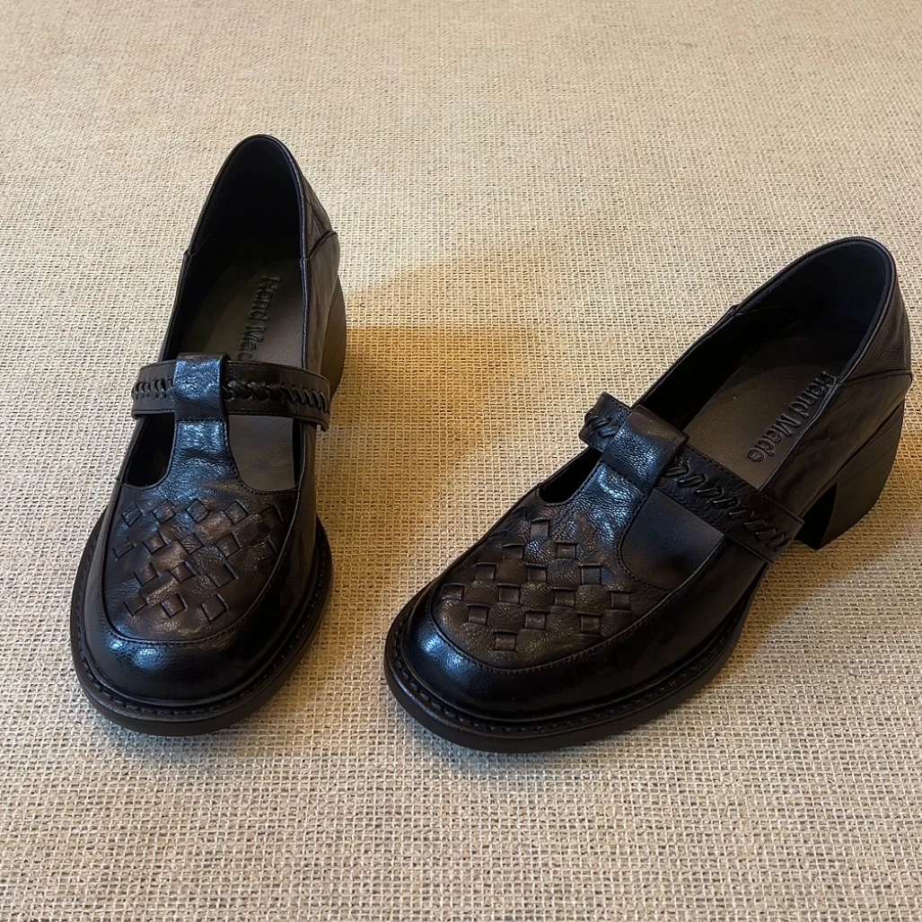 RubyL/6cm小个子复古通勤百搭编织丁字扣带圆头浅口粗跟单鞋女款