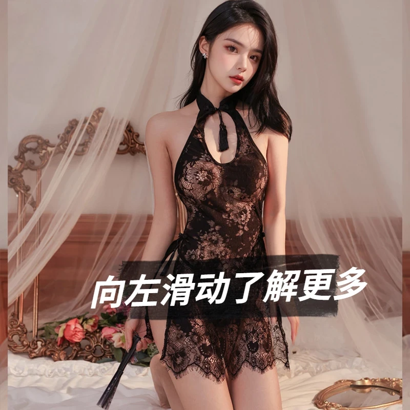修身唯美轻奢迷人黑色复古睡裙家居服