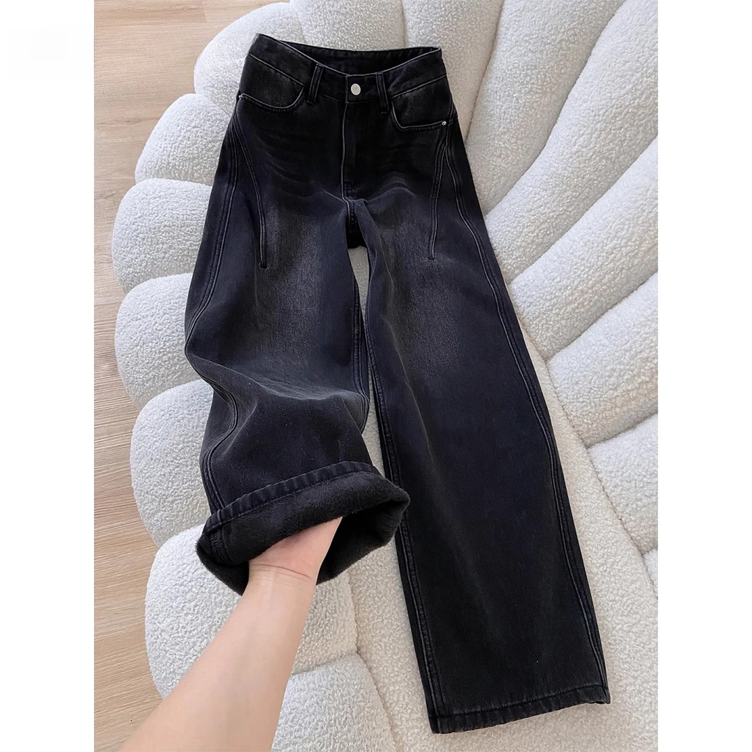 黑色弯刀加绒加厚款直筒牛仔裤女2025秋冬季新款显瘦宽松阔腿裤子