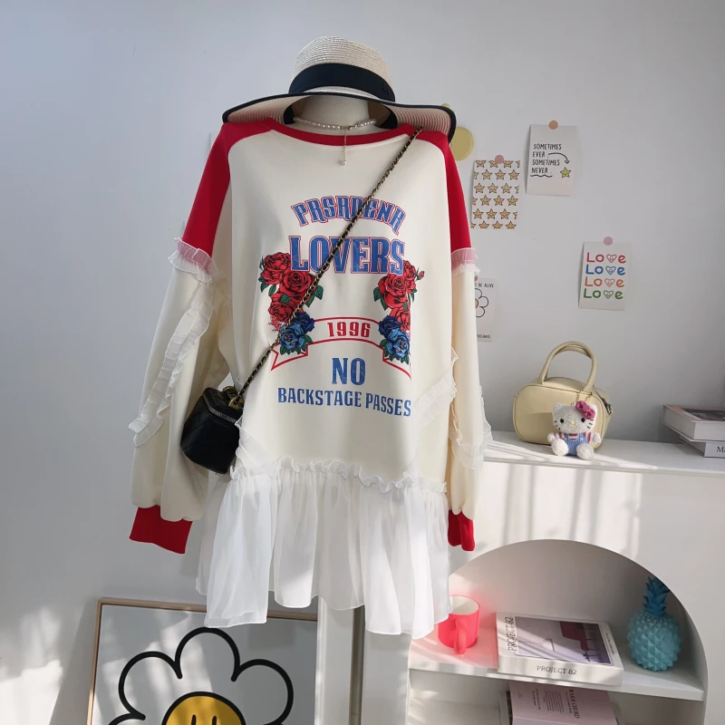 【钱呼呼】“浪漫玫瑰”2024秋冬新款花边设计加绒中长款圆领套头卫衣