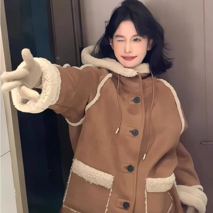 毛毛外套麂中长款连帽款